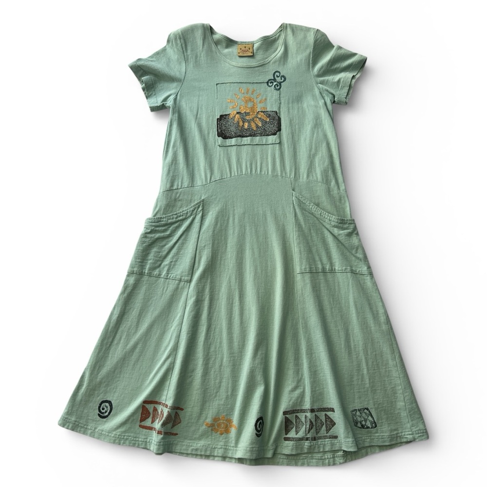Boho Mint Green Maxi Dress with Sun Motif